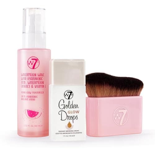 Image of W7 Golden Glow Drops Essential Trio - 3 Piece Set - Liquid Bronzing Drops, Moisturiser & Body Brush