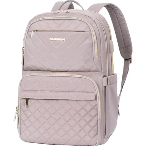 Image of EMPSIGN Laptop Backpack Purse for Women and Men with USB Charging Port, 15.6 Inch Travel Water Resistant Quilted Backpack, High-Capacity 30L Work Business Computer Backpack, Quilted Grey Pink