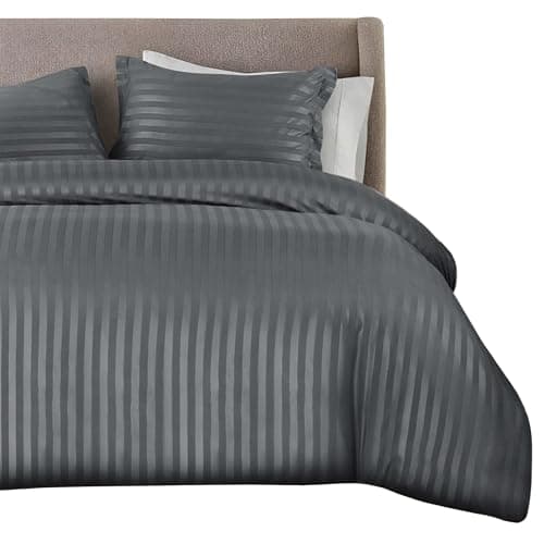 Image of QATAN Premium Hotel Quality Satin Stripe Duvet Cover Set with Pillowcases | Reversible Hypoallergenic Soft Quilt Bedding | Easy Care Breathable Luxury Linen (Charcoal, Single)