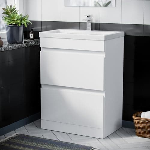 Image of Nes Home White 600mm PVC 2 Drawer Floor Standing Vanity Cabinet & Basin Sink