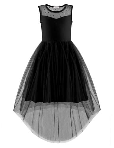 Image of Arshiner Girls' Sleeveless Summer Party Wedding Communion Bridesmaid Dress Kids Tulle Dress with Asymmetrical Hem and Belt Black 8-9 Years