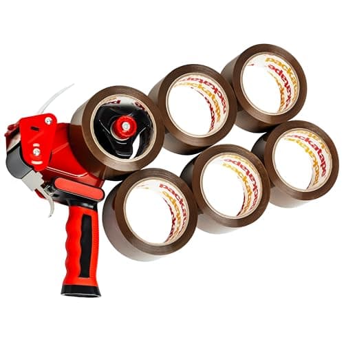 Image of Packatape Packing Tape Gun with 6 Rolls of Extra Strong Brown Tape - Heavy Duty Packaging Tape with Premium Dispenser for Moving, Shipping and Storage
