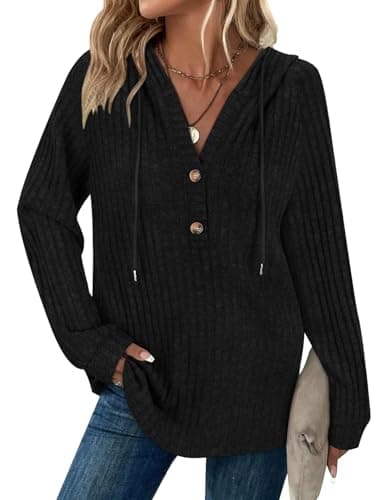 Image of Syphiby Fall Clothes for Women Fashion 2024 Button V Neck Long Sleeve Sweatshirt Hoodies for Women Lightweight Thin Ribbed Knit Pullover Sweatshirts Black