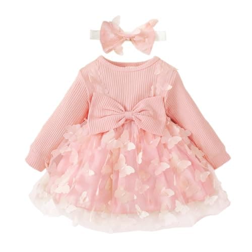 Image of Kids Toddler Baby Girls Fall Winter Dress Solid Ruffle Dress Long Sleeve Dress Princess Party Skirt Outfit Set with Headband Pink 2 0-3 Months
