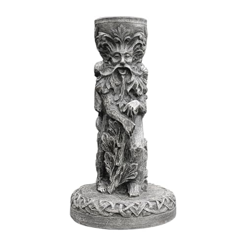 Image of Greenman & Cernunnos Candle Holder - 7.5" Tall - Pagan Wiccan Horned God Home Decor - Stone Finish Statue