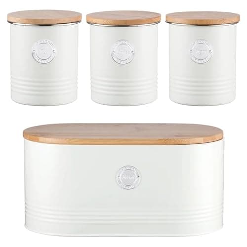 Image of Typhoon Living Kitchen Storage Set, 4-Piece Canister Collection with Bamboo Lids, Cream White Metal Containers for Tea Coffee Sugar and Bread (Cream Set of 4)