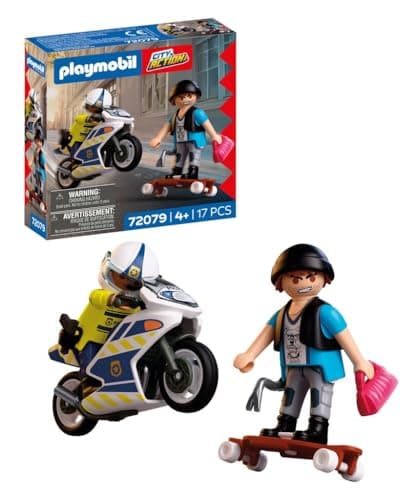 Image of Playmobil City Action Police Motorcycle Chase, Police officer chases thief on longboard, Encourages creativity, Children's toy for ages 4 and up, 72079