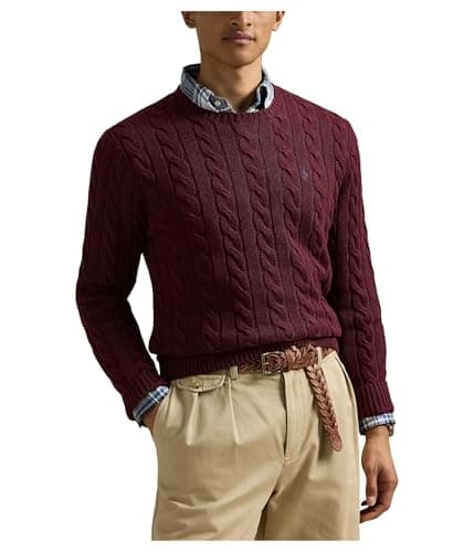Image of Polo Ralph Lauren Mens Cable-Knit Cotton Sweater, Mulberry Jam Heather, XXL