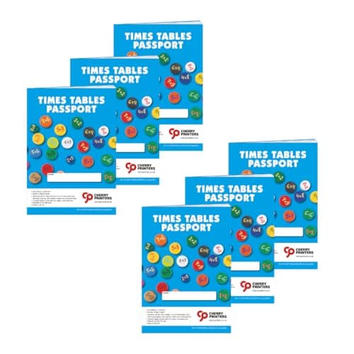 Image of Cherry Printers | Times Tables Workbook A5 | KS1 KS2 Maths Practice Book | Multiplication Tables Learning Passport | 36pp Study Guide with Fractions | Prime Numbers | Measure Conversions **6 Pack**