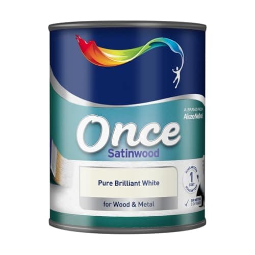 Image of HOCHSTE Once Satinwood Pure Brilliant White Satin Finish Paint, Interior & Exterior One Coat Coverage for Doors, Skirting, Trim & Metal Surfaces, 750ml