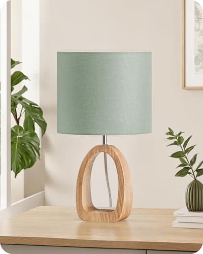 Image of GOEBLESON Table Lamp, Wood Bedside Lamp with Ring-Shaped Base and Linen Lampshade, Modern Desk Lamp with Cable, E27 Base, 2700K LED Bulb Included, for Living Room, Bedroom, Sage Green ZMJ07TLK05N1