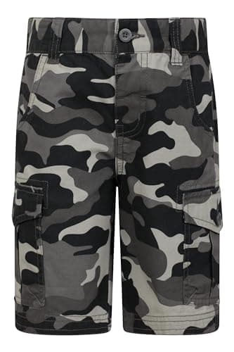 Image of Mountain Warehouse Kids Camo Cargo Shorts - 100% Cotton Shorts, Lightweight Short Trousers, Pockets, Easy Care Camo Pants - Spring Summer, Camping, Travelling Black (Camo) Teen Size 13 Years