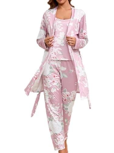 Image of Bunanphy Women's Soft Pajamas Set 3 Pcs Floral Cotton Pj Sets Sleepwear Cami Nightwear with Robe and Pant #A Pink Medium