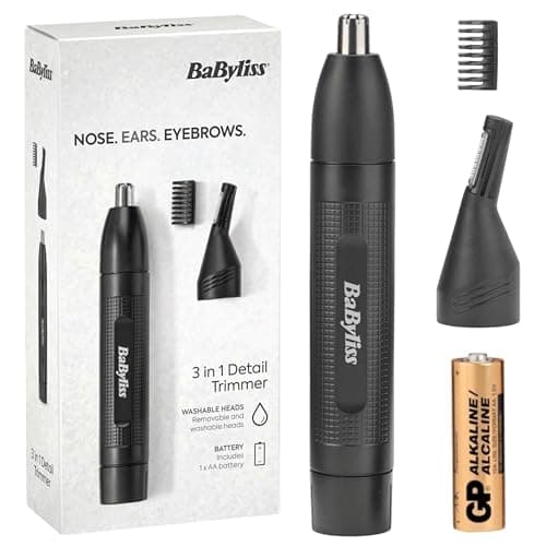 Image of BaByliss 3-in-1 Hair Trimmer for Men, Eyebrow, Ear & Nose Trimmer, Grooming Kit with 2 Attachments, 2 Eyebrow Comb Guides, Battery-Powered, E652U
