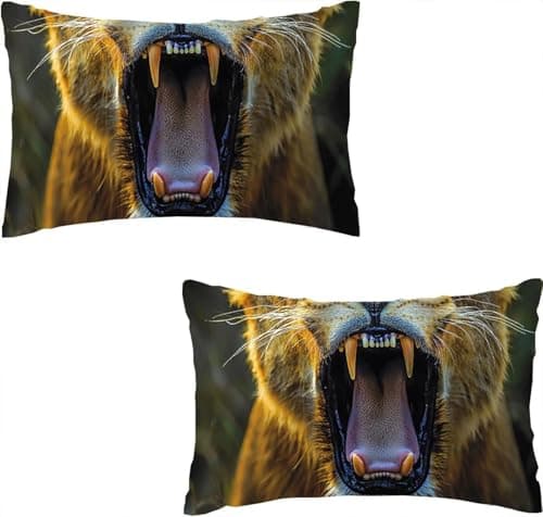 Image of Pillow Covers 20x32 Inch Set of 2 Velvet Decorative Cushion Covers Lion Breathable Standard Pillowcase Waterproof Outdoor Decoration Lumbar Cushion Case with Invisible Zipper for Bedroom Tooth I0P-49