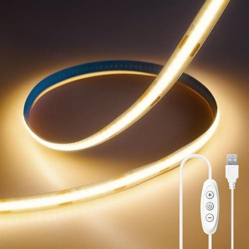 Image of ShineBurky COB LED Strip Light 2M, 3000K Warm White USB LED Strips, 5V Dimmable COB Tape Lights, CRI93+ High Bright Flexible Cuttable Lights for Bedroom TV Backlight Mirror Monitor Kitchen Table Decor