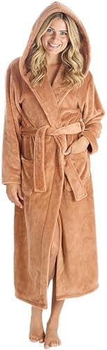 Image of KATE MORGAN Ladies Dressing Gown Fluffy Super Soft Hooded Robe for Women Plush Fleece Perfect Loungewear Long Robes Gifts for Women Taupe 12-14