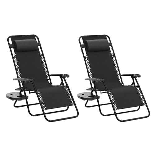 Image of DWELLTON Zero Gravity Lounger Chair, Folding Reclining Patio Chair with Headrest, Soft Cushion and Cup Holder for Poolside, Outdoors Relaxation (2, Black)