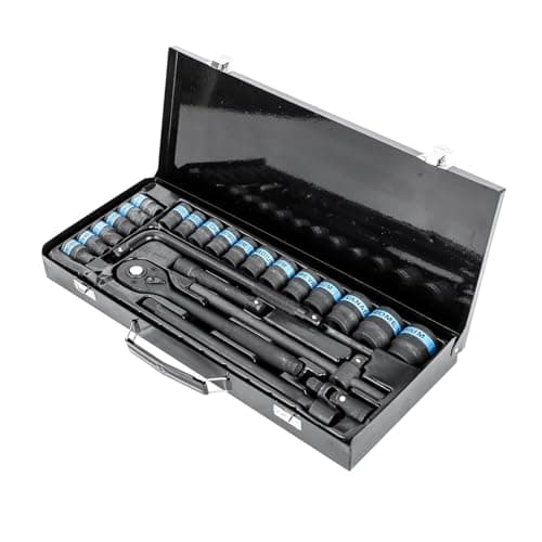 Image of Youyijia Socket Wrench Set 1/2 inch Ratchet Socket Set 8-32 mm Nuts Tool Set Universal Drive Socket Set Pass Through Socket Set 1/2'' Alloy Steel Deformation Resistant Ratchet Mechanism, Black