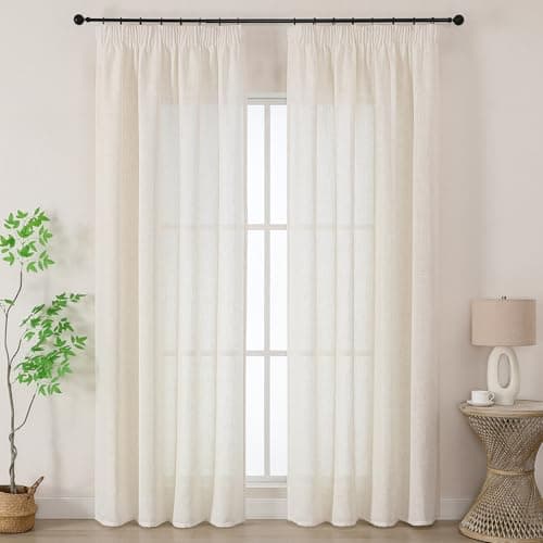 Image of Joydeco Light Beige Linen Voile Curtain Panels for Ceiling Track W55 x L88 Inch Drop 2 Panels, Semi Transparent Light Filtering Pencil Pleat Sheer Curtains with Rod Pocket for Bedroom Nursery Room