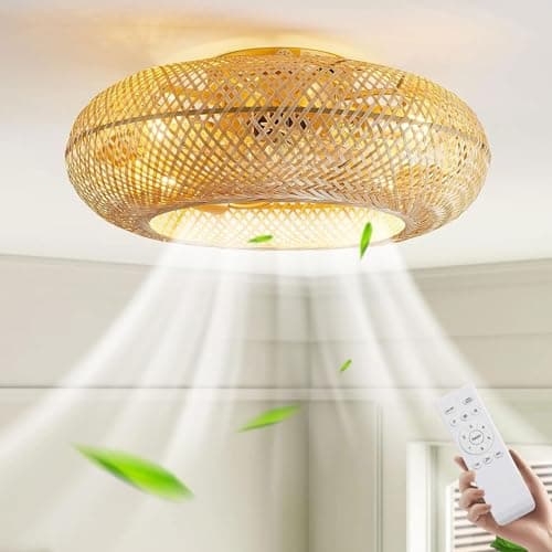 Image of Ceiling Fan with Lighting and Remote Control, Quiet E27 Retro Bamboo Ceiling Light with Fan, 6-Speed Reversible Motor, Ceiling Fans for Living Room, Bedroom, Dining Room Lighting