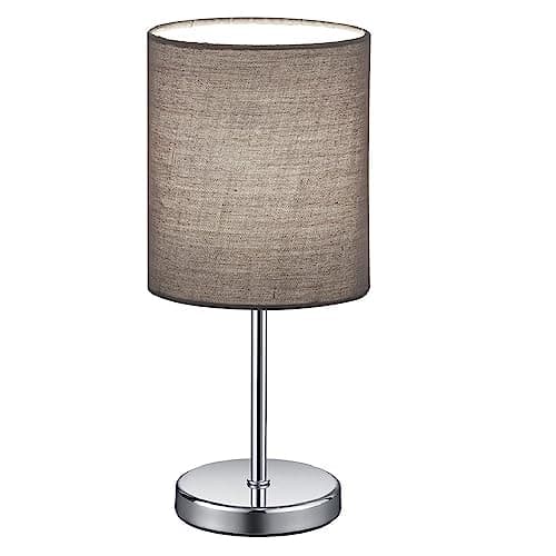 Image of Britalia Polished Chrome Slimline Metal Stem Table Desk Lamp with Grey Fabric Cylinder Drum Shade | 28cm Height | 1 x SES E14 Lamp Bulb Required | UK Approved | Sleek & Simplistic Design