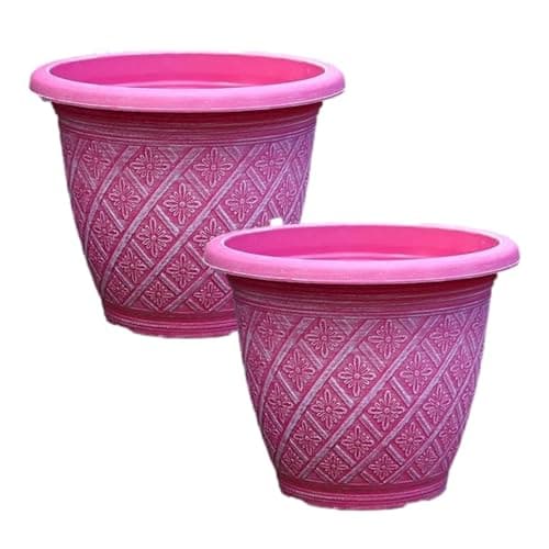 Image of Fyne-Finds Set of 2 Round 33cm 13inch Garden Plant Pot Woven Flower Outdoor Decor Planter Frost Proof, Weatherproof, Drainage Hole (Raspberry Pink)