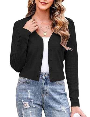 Image of Totatuit Ladies V Neck Button Down Knit Cardigan Lightweight Casual Cropped Sweater Outerwear Black S