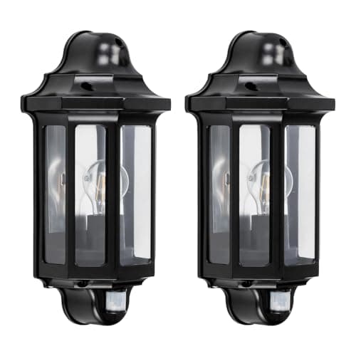 Image of National Lighting Black Outdoor Security Lights - PIR External Wall Light - Motion Sensor Presence Detector Half Lantern Garden Porch Wall Lamp - IP44 Rated 60W GLS ES or LED E27 (Not Included) 2 Pack