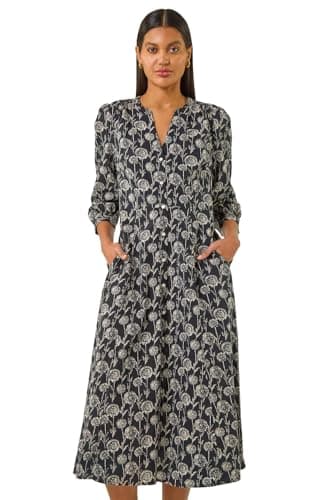 Image of Roman Originals Shirt Dress for Women UK- Ladies Long Sleeve Belted Collared Midi Maxi Winter Autumn Smart Casual Button Through Evening Office A Line Swing Skater - Floral Black - Size 18