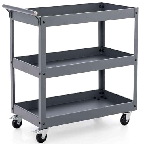 Image of TANGZON 2/3-Tier Rolling Tool Cart, Utility Service Cart with Towel Rack Handle & Wheels, Heavy-duty Steel Mobile Tool Storage Garage Trolley Shelves (Grey, 3 Tier, 76x38x78cm)