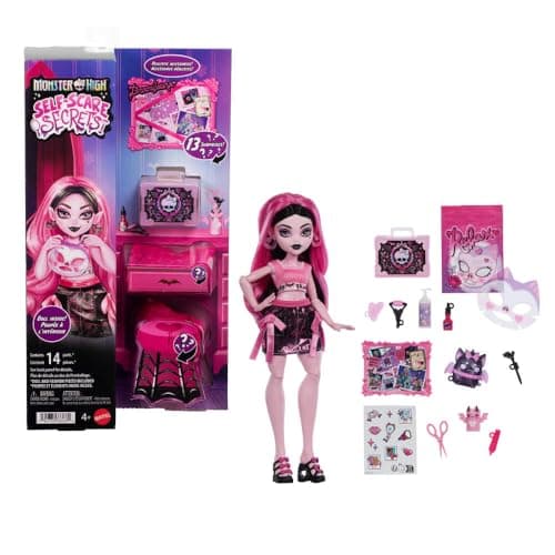 Image of Monster High Self-Scare Secrets Draculaura Doll and Accessories Set with 13 Realistic Surprises like Working Face Roller and Customizable Mood Board, JHK43