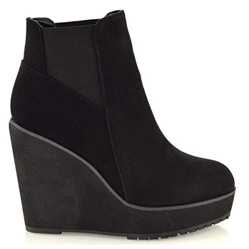 Image of ESSEX GLAM New Womens Wedge Heel Chelsea Chunky Cleated Platform Ladies Ankle Boots Shoes Size 3 4 5 6 7 8 (UK 6 / EU 39 / US 8, Black Faux Suede)
