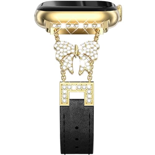 Image of NewWays Leather Strap for Apple Watch 42mm(Series 11/10) 40mm 41mm 38mm,Women Bling Bracelet Band for iWatch SE(2025-2020) Series 11 10 9 8 7 6 5 4 3 2 1,Gold/Black