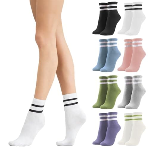 Image of LXEASYGO 8 Pairs Ladies Striped Crew Socks Breathable Cotton Women Sports Casual Ankle Socks for Women Multipack Size 4-7 (UK, Alpha, One Size, Regular, Regular, 8Color)