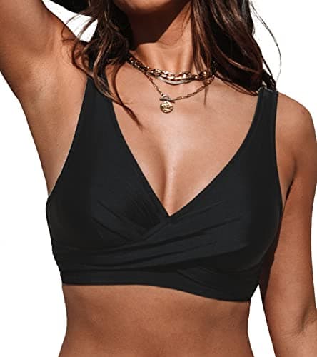 Image of CUPSHE Women Swimsuit Bikini Top Wrap Self Tie Bathing Suit with Fixed Wide Straps Swimwear Top Black S