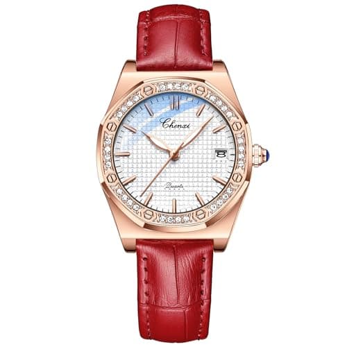 Image of JewelryWe Women Vintage Leather Watch: Ladies Red Quartz Analog 3 ATM Waterproof Soft Strap Diamond Octagonal Bezel Date Function Luminous Dial Wristwatch