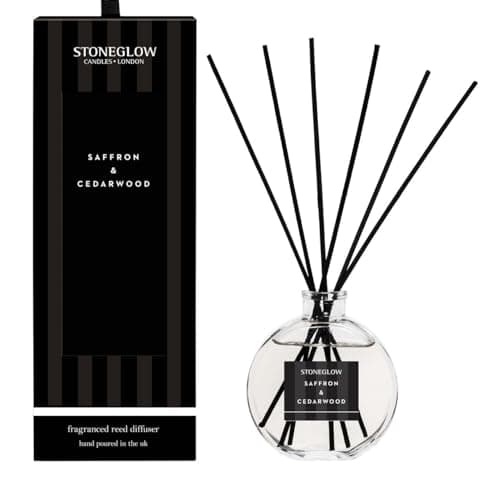 Image of Stoneglow Modern Classics Saffron & Cedarwood Scented Reed Diffuser 120ml with Mimosa & Orris, 12 Rattan Reed Diffuser Sticks, Lasts 10 Weeks, Refillable Home Fragrance, Made In The UK