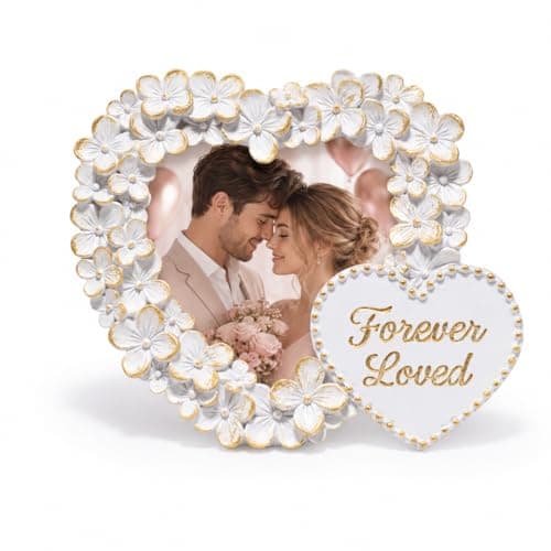 Image of ZAWUU Heart Photo Frame 4x4, White Floral Forever Loved Picture Frame with Gold Accents, Romantic Valentine Decor for Her, Girlfriend, Wife, Mum, Shabby Chic Tabletop Display