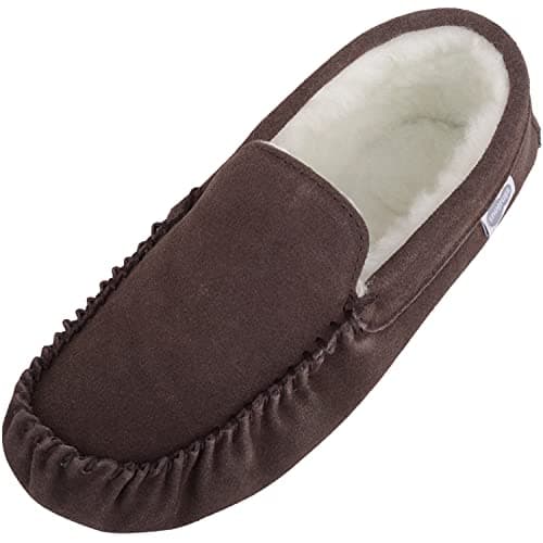Image of SNUGRUGS Mens Ronnie Suede Moccasin Slippers with Wool and Suede Sole - Dark Brown - UK 11