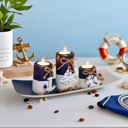 Image of Candle Holders Set of 4 with Wooden Candle Tray, Ocean Marine Candlestick Tealight Holders for Bedroom, Table Decorarion, Ornaments for Living Room, Bathroom, Friends Birthday Gifts (Triple)