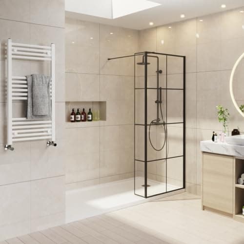 Image of NRG 900mm Black Grid Framed Wet Room Shower Screen Panels 8mm Easy Clean Glass with 300mm Return Panel