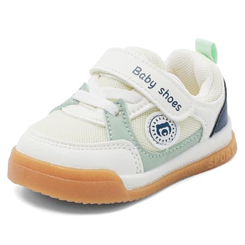 Image of MASOCIO Baby Shoes Boys Girls First Walking Shoes Pre Walkers Toddler Soft Sole Trainers Infant 12-18 Months Size 3 UK Child White Green