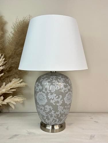 Image of DOWNTON INTERIORS Large Grey Chinese Oriental Ceramic Porcelain Table Lamp with White Floral Pattern (G2117) (White Plain Shade)