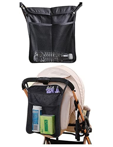 Image of Baby Stroller Organizer With Two compartments Front Mesh Pocket for Bottle Nappy Diaper Storage, Detachable Straps,Fits for Stroller like Uppababy, Baby Jogger, Britax, Bugaboo, BOB (Black)