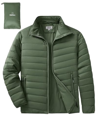 Image of Outdoor Ventures Men's Packable Puffer Jacket Insulated Lightweight Puffy Coat Warm Portable Padded Water Resistant Jacket for Hiking Travelling Camping Army Green S
