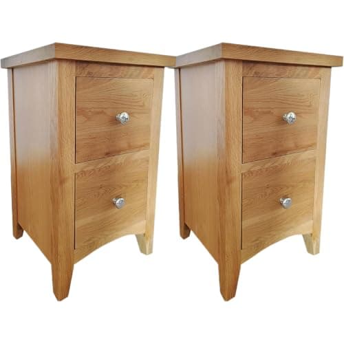 Image of Home Furniture Group Ltd Nordale Light Oak Pair of 2 Drawer Bedside Cabinets – Slim Solid Wood Nightstands with Brushed Metal Handles, Fully Assembled Bedroom Units, 36cm Wide Compact Storage