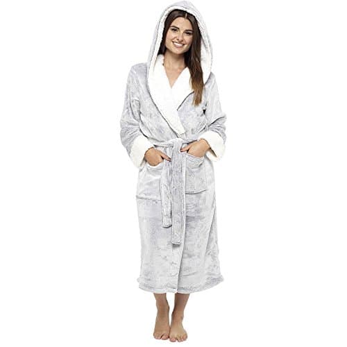 Image of Style It Up Ladies Luxurious Soft Dressing Gown Hooded Plain Fluffy Snuggle Fleece Warm Robe, (GREY, 16-18)