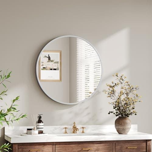 Image of Dripex 40cm Round Mirror, Circle Hanging Wall Mirror - Home Decorative Wall Mounted Vanity Mirror for Bathroom, Dressing Room & Living Room, Silver