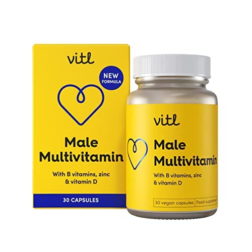 Image of Vitl Male Multivitamin & Minerals Supplement - 30 Vegan Capsules - 20 Essential Nutrients Including B Vitamins, Zinc, Vitamin D & Plant Extracts - Support Overall Male Wellbeing - 1 Month Supply